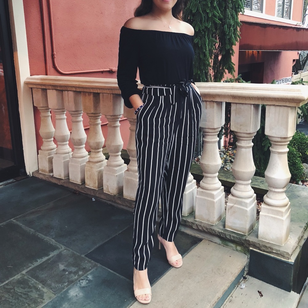 Striped Belted Paperbag Trousers